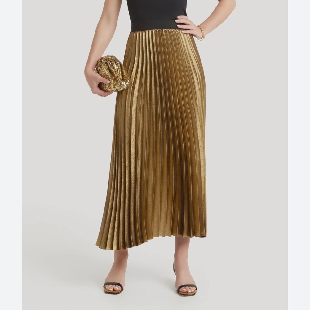 Baum und Pferdgarten Chic Gold Pleated Midi Skirt holiday party/ NYE stretch 14